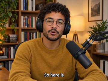 Auto Captions sample: Captions added: a podcaster talks at his desk, his words appearing as timed captions.