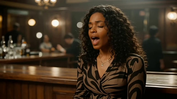 Denoise Video sample: Denoised: a jazz singer in a dim bar, grain lifted, clean skin and warm lamplight kept.
