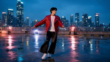 Magic Video Editor example: Outfit swap: a white bomber turned crimson leather mid-spin, every move kept.