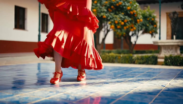 Imagera Hermes Video Gen sample: A flamenco dancer whirls her crimson skirt across a sunlit Seville courtyard, heels cracking.