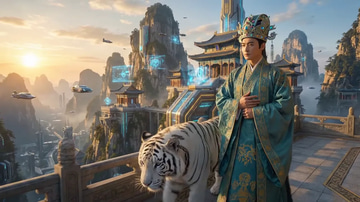 Veo 3.1 4K sample: A figure and a white tiger above a floating city