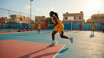 Imagera Warlord sample: A Senegalese woman slams a dunk on a teal Dakar court as the chain net rattles.