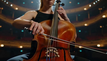 60fps Smoother sample: A cellist under a single spotlight, bow strokes flowing smoothly and every string crisply rebuilt.