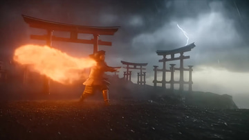 Video Enhancer sample: A fiery samurai duel beneath torii gates, rebuilt at 2048p with crisp sparks and armour.