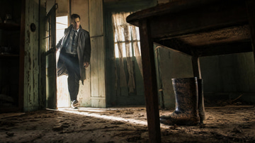 Long-form Video sample: Illustration · A detective in a long grey coat bursts through the door of an abandoned farmhouse