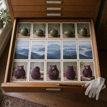 An open wooden drawer holds neat rows of small prints, each row a matching illustrated series.