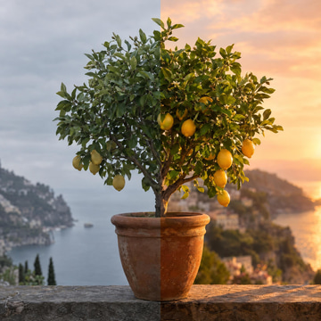 A potted lemon tree split down the middle, dull overcast light on one side, warm golden sunset on the other.