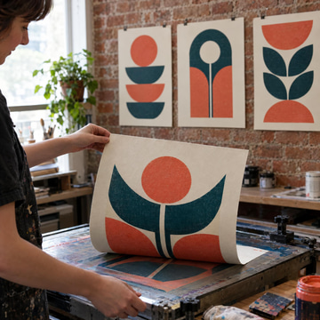 Hands lift a fresh coral and teal emblem poster in a print studio, with matching posters behind.