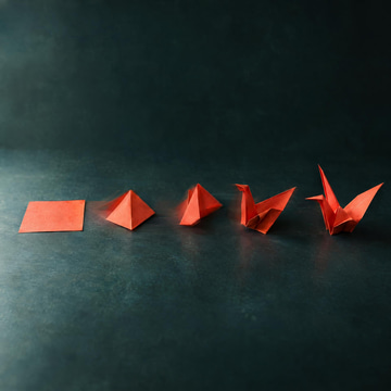A red paper square folds step by step into an origami crane across a dark teal table.