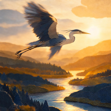 A paper-cut heron flies over a glowing layered paper river valley in indigo and saffron tones.