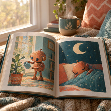 An open picture book shows the same painted copper robot on both pages, resting on a sunny window seat.