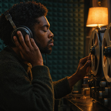 A young man in large headphones listens intently to a reel-to-reel tape in a dim sound booth.