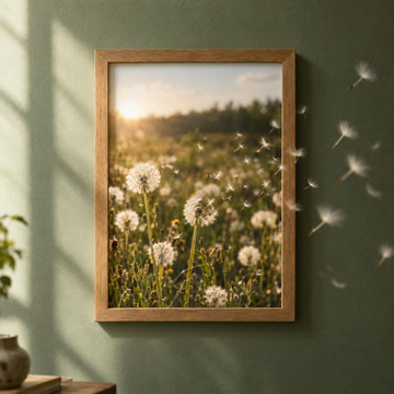 Dandelion seeds drift out of a framed meadow photograph hanging on a sage-green wall.