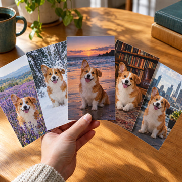 A hand fans out sharp photo prints showing the same corgi in five different settings.