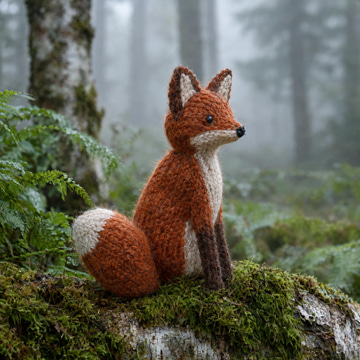 A knitted russet fox toy sits on a mossy log in a misty forest, every stitch sharp.