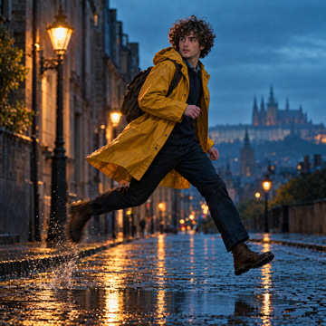 A man in a yellow raincoat leaps over a puddle on a wet cobblestone street at dusk.