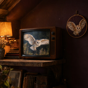 A vintage television plays a felt-style owl animation beside an embroidered hoop of the same owl.