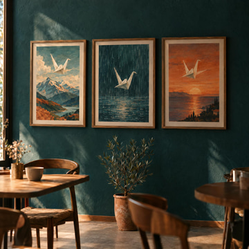 Three framed gouache prints of the same paper crane in one style hang on a teal café wall.