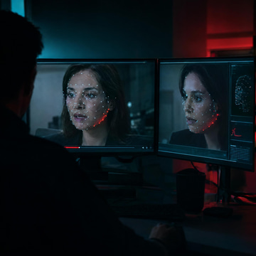 A paused interview with tracking points over the face, one cluster at the jaw glowing red.