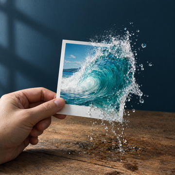 A hand holds an instant photo of an ocean wave whose water spills out beyond the photo's edge.