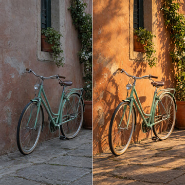 A split photo of a green bicycle against a terracotta wall, dull overcast on the left, golden sunlight on the right.