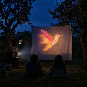 Children in a dusk garden watch a paper-cut hummingbird animation projected onto a bedsheet between trees.