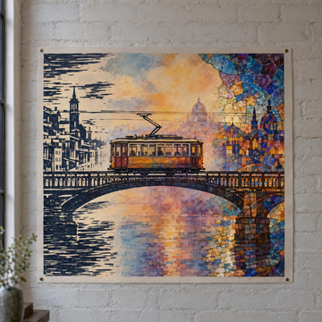 A gallery print of a tram blending woodblock, watercolour and stained-glass styles in one image.