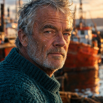 Close-up portrait of a weathered elderly fisherman in warm harbour light, skin detail razor sharp.