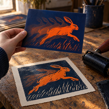 A hand tilts a lenticular card showing a linocut hare leaping, above its original still print.