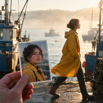 A hand holds a portrait print of a woman, while she walks through a misty harbour behind it.
