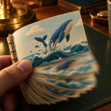 A thumb flips a small flip book showing a clay-style blue whale leaping, pages blurred in motion.