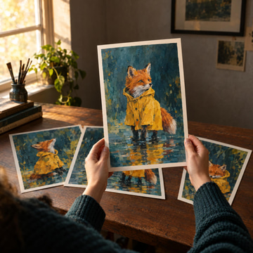 Hands hold up a painted print of a fox in a yellow raincoat, with matching prints behind.