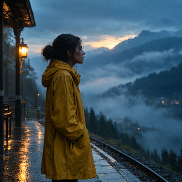 A woman in a yellow raincoat stands on a foggy mountain train platform at dawn.
