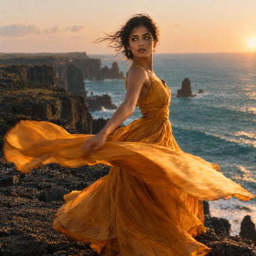 A dancer in a flowing saffron dress spins on a seaside cliff at golden hour.