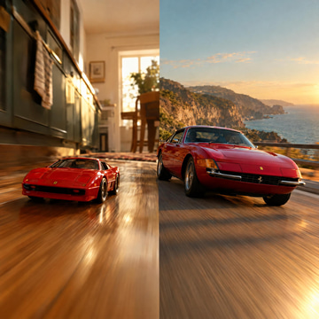 A split image shows a toy car's low tracking shot mirrored by a real car on a coastal road.