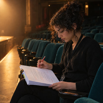 A woman in a theatre seat carefully marks passages in a printed script with a red pencil.