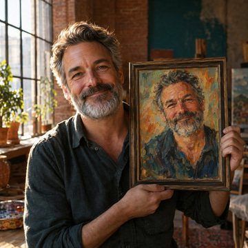 A bearded man holds a painted portrait of himself beside his face in a sunlit loft.