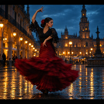 A flamenco dancer in a red dress spins on a lantern-lit plaza, her skirt blurred with motion.