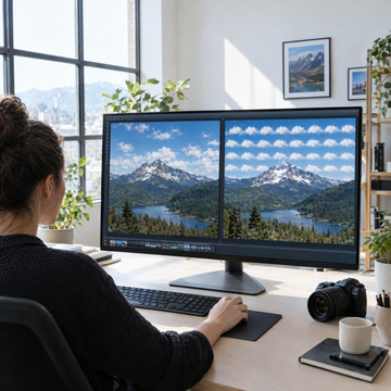 An editor compares two landscape photos, one with unnaturally repeating clouds.