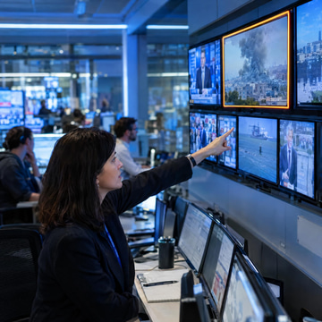 A fact-checker points at one frozen, outlined news clip on a wall of screens.