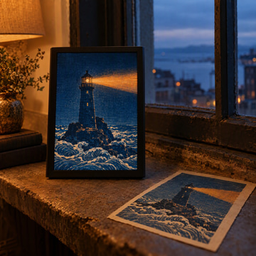 A picture frame on a stone windowsill animates a woodblock lighthouse beside its original still print.