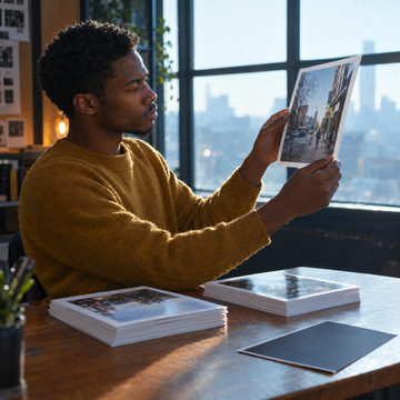 A photo editor holds a print up to a bright window, inspecting it, with one print set aside face-down.