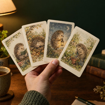 A hand fans out illustrated cards showing the same watercolour hedgehog in different poses.