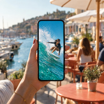 A hand holds a phone upright showing a full-screen vertical clip of a surfer riding a turquoise wave.