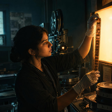 A film archivist in a dim projection booth carefully inspects a strip of film against a glowing lightbox.
