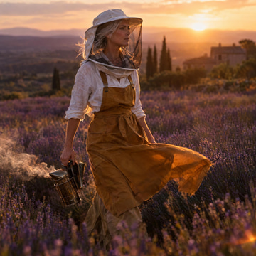 A beekeeper in a white veil walks through a lavender field at dusk, trailing smoke.