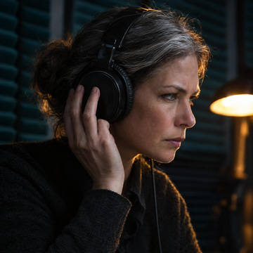 A focused woman presses studio headphones to her ear, listening closely in a dim teal room.
