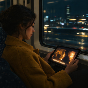 A woman on a night train watches a muted film with a soft caption band glowing below.