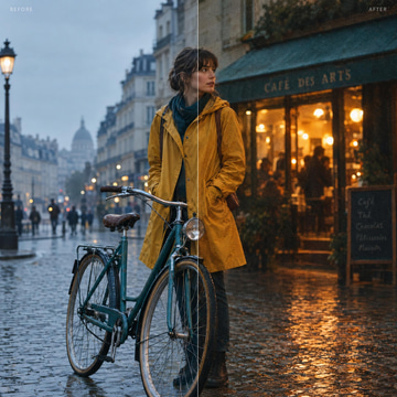 Cyclist in a mustard raincoat on wet cobblestones, shown half clean and half with film grain.