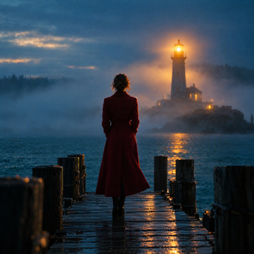 A woman in a red coat stands on a foggy pier facing a glowing lighthouse at dusk.